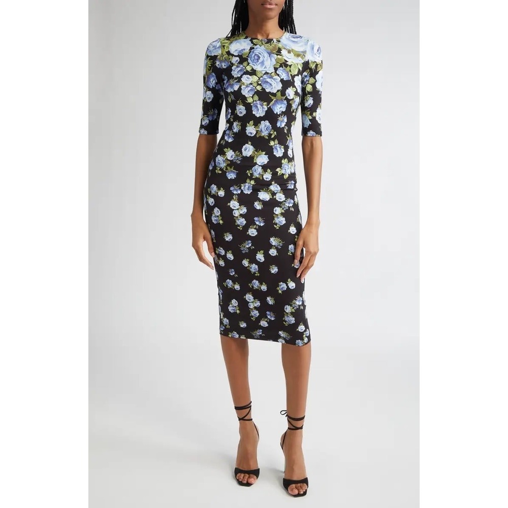 Alice + Olivia Delora Jersey Midi Dress black blue floral sz 4